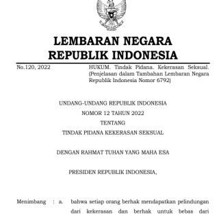 UNDANG-UNDANG REPUBLIK INDONESIA  NOMOR 12 TAHUN 2022 TENTANG  TINDAK PIDANA KEKERASAN SEKSUAL