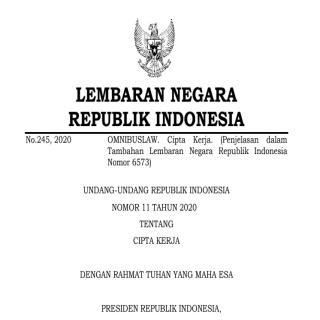 UNDANG-UNDANG REPUBLIK INDONESIA  NOMOR 11 TAHUN 2020 TENTANG CIPTA KERJA