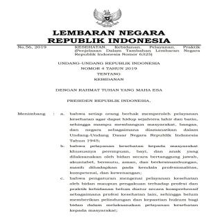 UNDANG-UNDANG REPUBLIK INDONESIA NOMOR 4 TAHUN 2019 TENTANG KEBIDANAN